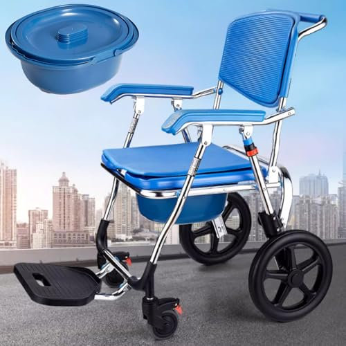 Generisch Klappbar Toilettenstuhl mit Rollen, Duschstuhl mit Rollen für Senioren, Fahrbarer Toilettenrollstuhl mit Armlehne Rückenlehne und Toiletteneimer, Bis 150 kg Belastbar (Blue, 94x50x92cm)