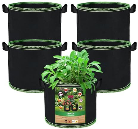 OFFCUP Plant Grow Bags, 5pcs 5 Gallon Planter Bags, Breathable Nonwoven Fabric Pots Vegetables Tomato Flower Plant Container with Handles for Garden Vegetable Flower Plant Fruits Outdoor (Black)