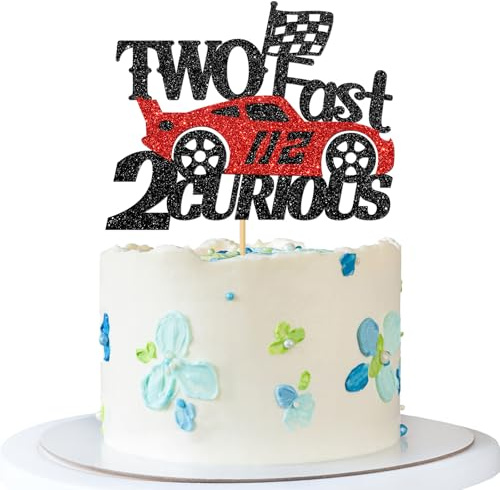 Two Fast 2 Curious Torten-Topper Rennwagen, Karo-Flagge, Tortenartikel, Rennwagen, Geburtstagsfeier, Sportveranstaltung, schwarz-rot glitter