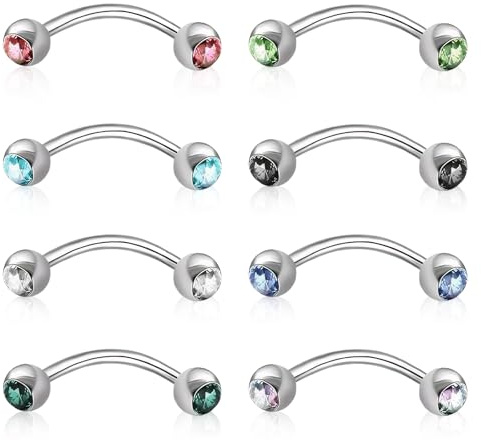 8Pcs Curved Barbell Gem Eyebrow Bar Surgical Steel Helix Piercing Jewellery | Daith Tragus Ear Piercing, Surgical Steel Helix, 16G Rook Piercing Jewellery, 8mm with Crystal Colour Balls for Women Men