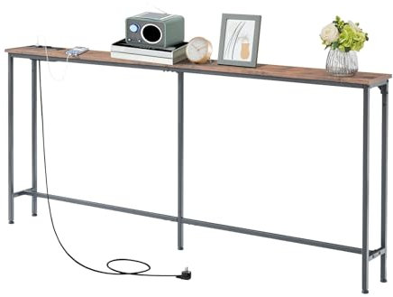 GOKHOMX Konsolentisch 180 cm mit 2 Steckdosen und 2 USB-Ports, Konsolentisch Schmal Flurtisch 20 cm Tief Console Table Möbel hinter dem Sofa, für Wohnzimmer Eingang Flur, Braun und Schwarz