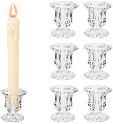 YHNDECO Glass Candle Holder for Candlestick, 6Pcs Clear Candle Holders Thicker Glass Candle Sticks Set, Taper Hexagonal Candlestick Holders for Wedding, Festival, Party & Table Decoration(B-Shape)