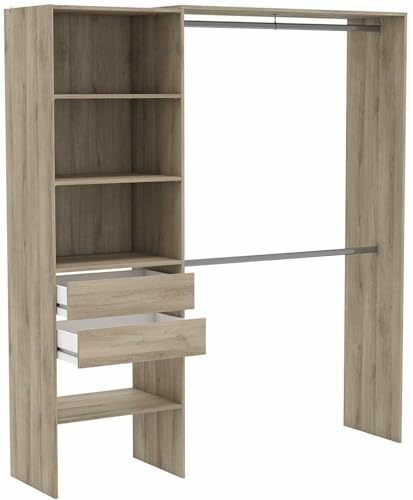 habeig Kleiderschrank begehbar, 203x185x44 cm, Weiß & Holzoptik, 2 Kleiderstangen, 4 Fächer, 2 Schubladen, Verstellbare Breite 70-185 cm (121943 Akazie-Braun)