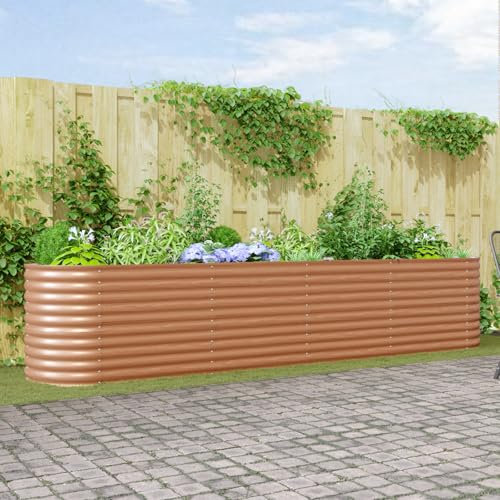 HaoChrymec Potager Surélevé with Acier Galvanisé Durable, Design Ovale Aspect Bois, Jardinière sur Pied, Bac Jardiniere Exterieur, Jardiniere Balcon, Marron, 400 x 80 x 81 cm