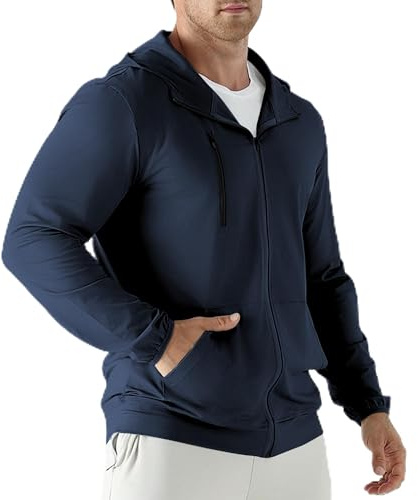Jupmov Mens Lightweight Zip Up Track Hoodie Running Jacket | Athletic Hoodie with Zipper Pocket for Exercise, Windbreaker Hooded Sweatshirt, Quick-Dry & Breathable Stretch Gym Jacket