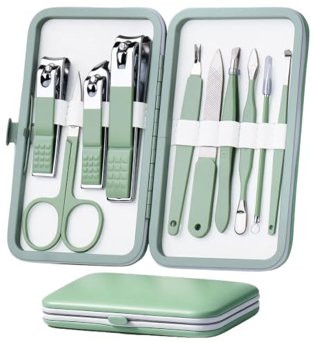 10 in 1 Manicure Pedicure Set, Stainless Steel Nail Clippers Kit with Scissors and Tweezers, Portable Travel Grooming Tools with Leather Case for Men and Women, Professional Nail Care Gift Set