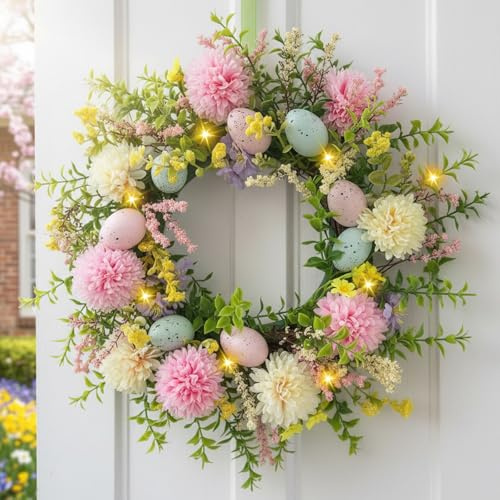40CM Türkranz Frühling mit LED Licht, Frühlingskranz Haustür mit Lichterkette Künstliche Blumen Kranz Beleuchtet Frühlingsdeko Kranz mit Beleuchtung Türkranz Ostern Blumenkranz Wandkranz für Deko (A)