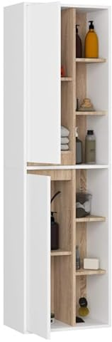 BDW - Badschrank Hochschrank - Badezimmerschrank Hängend - Wandschrank - Hängeschränke fürs Bad aus Laminiertem Holz, Farbton der Front: Weiß/Innenraum: Sonoma Eiche, 170x50x30cm, Vami