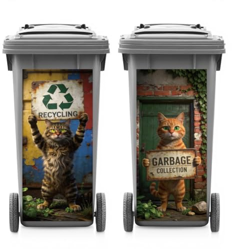 ANATTASOUL 2Pcs Cat with Sign Wheelie Bin Stickers for Bins Decorative | Waterproof,Dustbin Cover,14.9x 32.2,Adhesive,Large,Funny Decal for Bins, Fridge, Wall, Garden Outdoor, Indoor Decoration