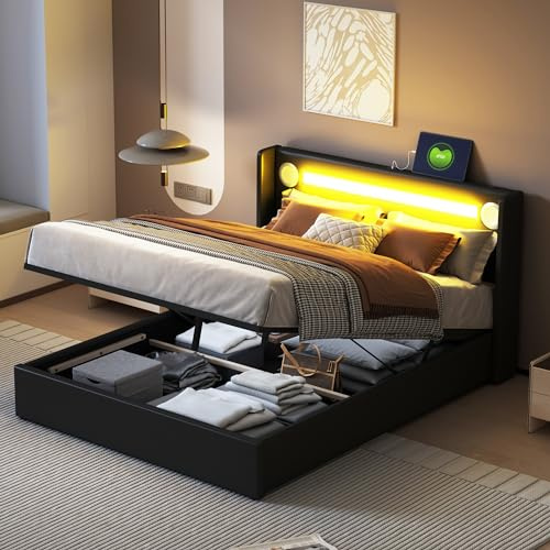 gonew21 Polsterbett 140x200 cm mit LED & Bluetooth | Stauraumbett mit Hydraulik-Bettkasten & USB | Doppelbett aus wasserfestem PU-Leder | Bettgestell in Schwarz, stabil & geräuschfrei