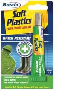 Bostik Soft Plastics Clear Glue, Ultra Strong, Water Resistant, Quick Drying, Flexible Bond, Ideal for Repairing Inflatables and Tents, Colour: Clear, Size: 20ml
