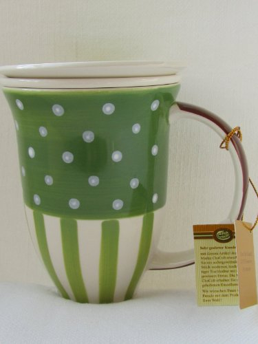 Tee Becher Kräuterteetasse Teetasse Linda mit Ablagetellerchen und Teesieb, Keramik glasiert grün braun gestreift / gepunktet, sortierte Designs