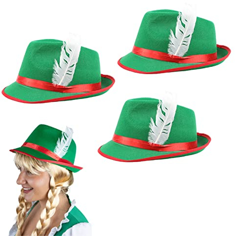 I LOVE FANCY DRESS Oktoberfest Bavarian Hats - Pack of 1 - Green & Red Bavarian Hat with Feather Detail - Adults German Oktoberfest Tyrolean Hat