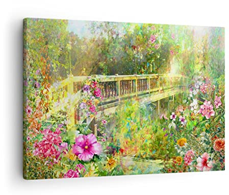 Bilder auf Leinwand Brücke Park Blume Frühling Leinwandbild 70x50cm Wandbilder Dekoration Wohnzimmer Schlafzimmer Küche Deko Klein Wanddeko Bild Wand Kunstdruck Art Wall Decor Canvas AA70x50-2906
