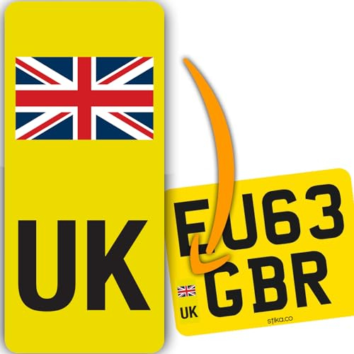 stika.co Set of 4 UK Motorcycle Number Plate Yellow Stickers – Road-Legal for EU Travel, Waterproof & Durable, Essential for Post-Brexit Compliance (UK Letters & Flag)