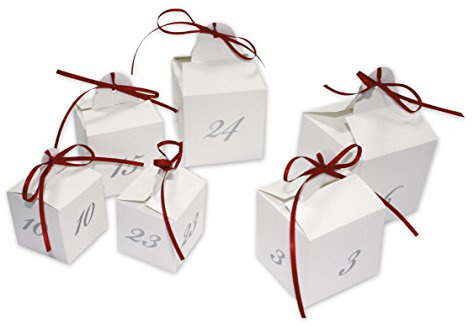 24 Adventswürfel zum Befüllen, 24 Bedruckte Boxen aus hochwertigem Strukturkarton mit Satinschleifen, zum Befüllen, Würfel in den Größen 5/6/7 cm