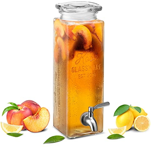 Kook Glass Drink Dispenser, with Leak-Proof Stainless Steel Spigot, Clear Rectangular Mason Jar, Beverage Storage for Fridge, for Water, Iced Tea, Sangria, Lemonade, 80 oz