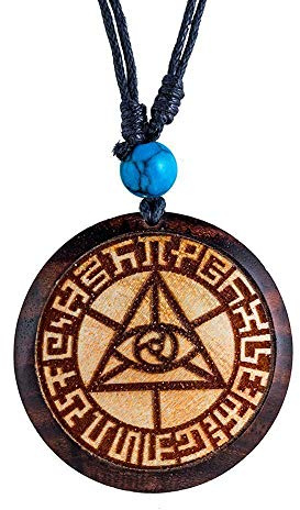 CHICNET Halskette Türkis verstellbar Kette Holz Anhänger rund Raute | Sri Yantra Yinyang Om Baum des Lebens Thors Hammer Allsehendes Auge Viking Celtic Nordic Azteken Buddha Holzkette