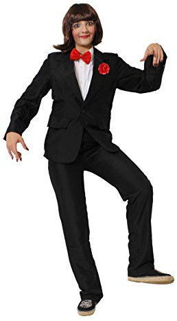 BAUCHREDNER Halloween MÖRDER Puppen KOSTÜM VERKLEIDUNG=BEINHALTET- SCHWARZEN Hosenanzug+ROTE Fliege+ROTE Plastik NELKE + ROT/SCHWARZ/WEISSES Make UP+BRAUNE PERÜCKE-Large