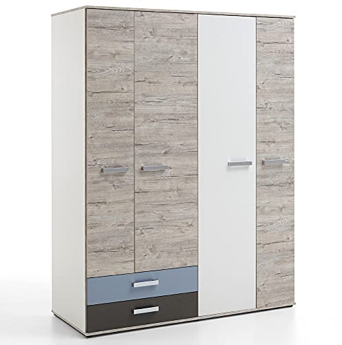 Lomadox Jugendzimmer Kleiderschrank 135 cm, 4 Türen, 2 Schubkästen, Sandeiche weiß Lava blau, B/H/T ca. 149,5/193/59,7 cm
