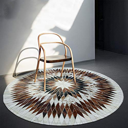 Teppich Kuhfell Patchwork, Nordic handgefertigte Ledernähte Runde Teppich geometrische Muster verschleißfeste rutschfeste Wohnzimmer Couchtisch Schlafzimmer Studie Computer Drehstuhl Kissen