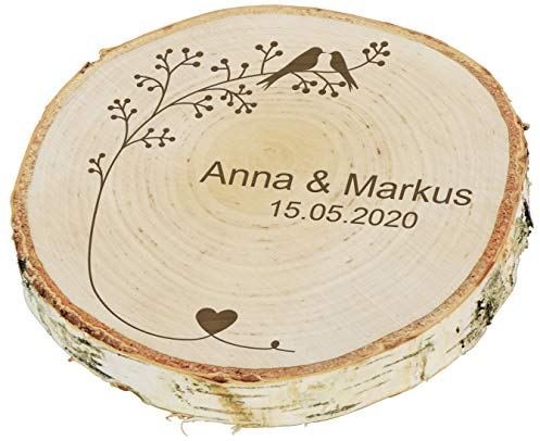LAUBLUST Baumscheibe Personalisiert zur Hochzeit - ca. 18 cm, Vogelpärchen Motiv | Ringkissen | Hochzeitsgeschenk & Deko
