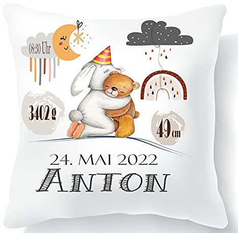 Personalisiertes Kissen zur Geburt Junge – Babygeschenk mit Namen & Geburtsdaten – Kuscheliges Namenskissen als Erinnerung – Personalisierte Geschenke zur Geburt für Jungen (Hund)