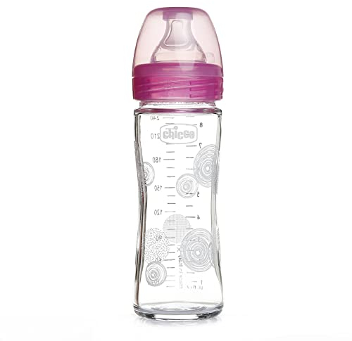 Chicco Biberon Bien-Être en Verre Tétine Silicone Flux Lent Rose 0+ Mois 240 ml 1 Unité