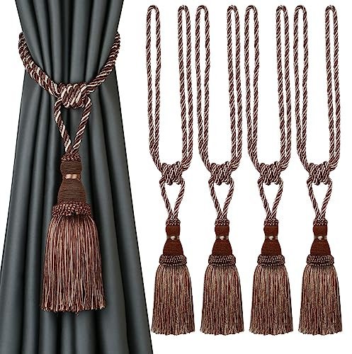 BEL AVENIR - Alzapaños decorativos para cortinas, hechos a mano, elegantes lazos de cuerda, borlas para cortinas (café oscuro, 4)