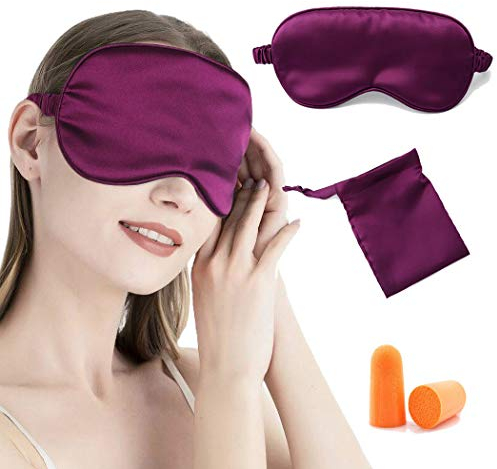 IYOU Satin Seide Schlaf Maske Lila Maulbeere Seide Auge Masken Nacht Schlafen Reisen Nickerchen Auge Abdeckung mit Ohr Stopfen und elastischem Riemen für Frauen und Mädchen
