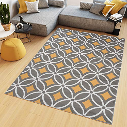 TAPISO Maya Teppich Kurzflor Wohnzimmer Gelb Grau Weiß Modern Geometrisch Mosaik Kreise Karo Schlafzimmer Esszimmer ÖKOTEX 200 x 250 cm