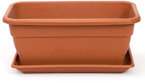 Acan Tradineur - Jardinera de plástico con Plato, Modelo PLFT, 20 litros, macetero, Maceta para Plantas y Flores Rectangular de plástico con Agujeros de Drenaje (Marrón - 50 cm)