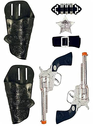 Kids Wild West Cowboy Sheriff Set | Role Play Dress Up Twin Holster Toy Guns | Children's Fancy Dress Accessories