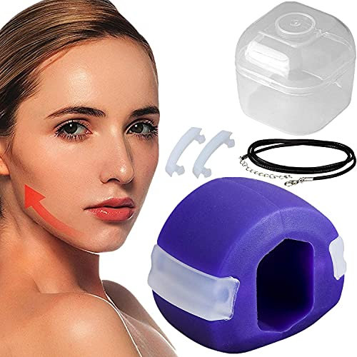 Jaw Exerciser Chew Double Chin Reducer, Men Women Jawline Trainer, Face Fitness Ball Neck Exerciser, Food Grade Silicone Jawline Exerciser With 2 Extra Bite Strips, 1 Storage Box, 1 Lanyard (Purple)