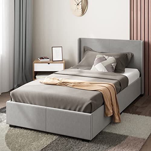 Zinus Maddon Single Bed frame - Bed 90x190 cm - 31 cm Height with Underbed storage - Ottoman Gas Lift Upholstered Platform Bed frame with Storage - Light Grey