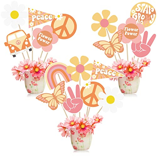 A1DIEE 30 Stücke Groovy Retro Hippie Boho Party Centerpieces Tables Toppers Cake Cupcake Topper Set Schmetterling Gänseblümchen Blume Regenbogen Geburtstagstorte Dekorationen Groovy 60er Partyzubehör