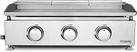 H.Koenig Griglia a gas PLX830, 3 bruciatori, acciaio inox, piastra da 5 mm, distribuzione uniforme del calore, temperatura fino a 350°C, lavabile in lavastoviglie, piedini antiscivolo