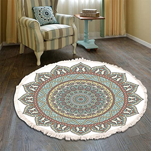 Bohemian Teppich Rund - Mandala Muster Mit Quasten, Waschbarer Baumwolle Für Wohnzimmer Und Schlafzimmer (60cm, Grün-Gelb)