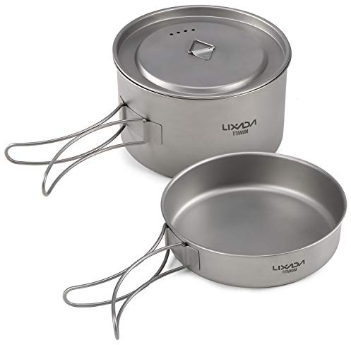 Lixada 2pcs Camping Cookware Set Titanium Pot Pan Cooking Set with Foldable Handles Mesh Carry Bag