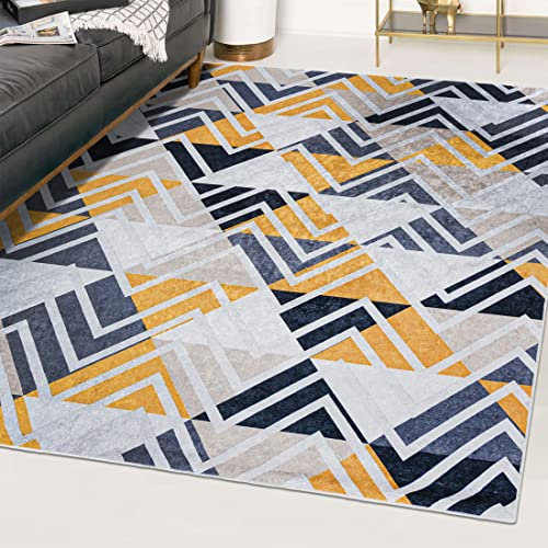 Mazovia Modern Teppich - Kurzflor Waschbar - Weich Teppich für Wohnzimmer, Schlafzimmer, Esszimmer – Teppiche Geometrisch - Grau Gelb 120 x 170 cm