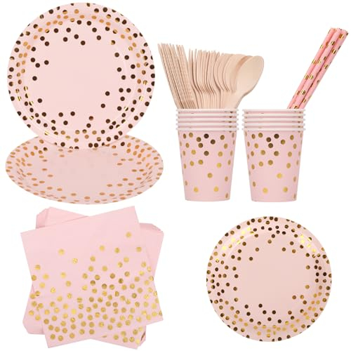 Weddecor 80pcs Paper Plates and Napkins Set, Round Disposable, Pink Plates, Pink Cups, Pink Paper Straws, Pink Napkins, Spoons, Forks & Cutlery Perfect for Birthday, Baby Shower, Wedding, Party