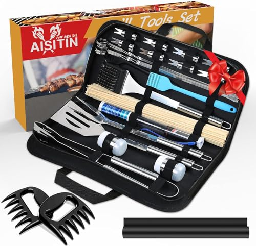 AISITIN Kit Barbecue Ustensiles 25 Pièces Accessoire Barbecue Acier Inoxydable pour Camping Barbecue Cadeau Homme(avec bâton de Bambou)