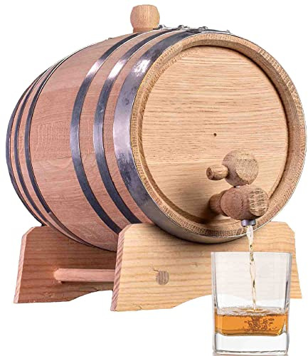 2 Liter Eichenfass (Distillerie-Serie – Stahlreifen, unlackiert) mit Holzständer, Stöpsel und Zapfhahn – 2 l verkohlte Bourbon-Whiskyfässer für den Hausbrauer, Destillator, Weinbereiter,