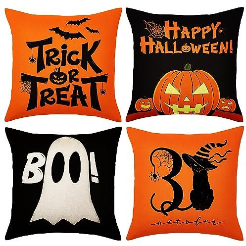JUSTOTRY 4 Stück Halloween-Dekoration Kissenbezüge 45,7 x 45,7 cm für Halloween Indoor Outdoor Decor Boo Vintage Couch Überwurf Kissen Fälle für Sofa Schlafzimmer Zuhause Küche dekorativ