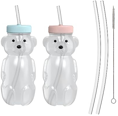 SHCHME Honey Bear Straw Cup for Babies, 2 Pack Cute Bear Shaped Honey Bear Straw Bottle for Kids with Upgraded Safety Lid Design Honey Bear Cup (2 Pack)