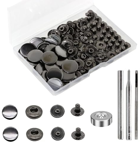 24 Sets Druckknöpfe Set, Basicon Messing Druckknöpfe Φ17mm Kupfer Druckknöpfe Metall Bronze Kleidung Druckknöpfe mit Fixierwerkzeug Kit für Leder Jeans Jacke Brieftasche Handtasche, Schwarz