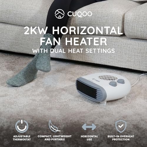 CUQOO Portable Flat Fan Heater - 2000W Room Heater with 3 Heat Settings and Overheat Protection, Horizontal Fan Heaters, Electric Space Warmer for Bedroom Indoor Use