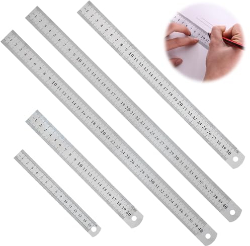 Edelstahl-Lineal 5er Set, Stahllineal 15/20/30/40/40, Metall Lineale, mit Doppelseiten Skala Kante, für Engineering, Lehre und Büro