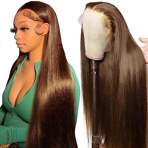 13x4 Echthaar Perücke HD Lace Front Wig Human Hair Chocolate Brown Perücke Damen Straight human hair Wig Vorgezupft mit Babyhaar 16inch (40cm)
