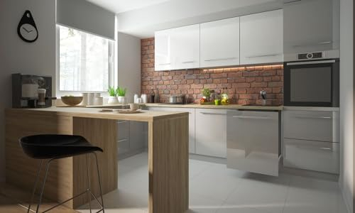 Feldmann Preiswert Wohnen U-Form Küchenzeile Essen Einbauküche 120x290x320cm HETTICH Vollauszug grau Front grau-weiß Hochglanz